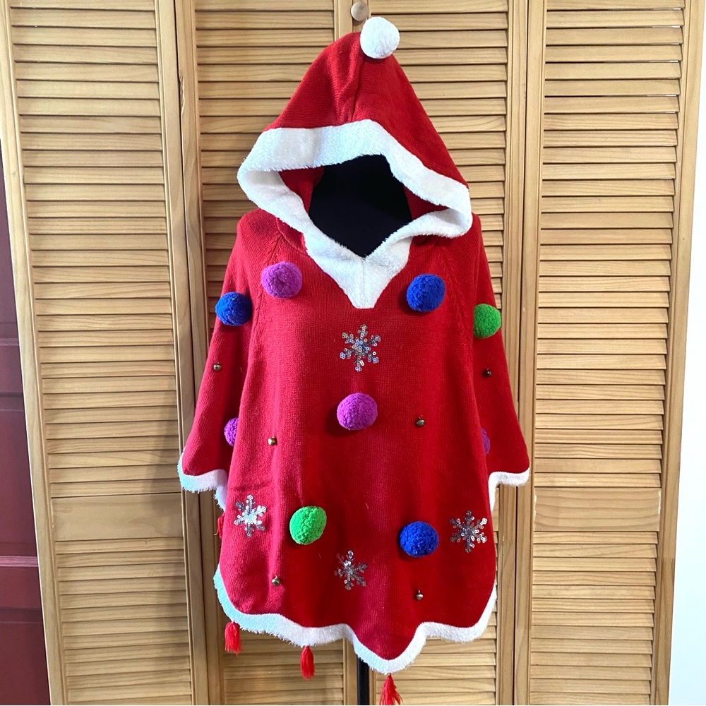 Holiday Red Women’s medium ugly Christmas Sweater Hooded Poncho with Pom-Poms